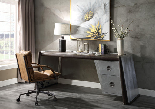Brancaster Distress Chocolate Top Grain Leather & Aluminum Desk - Olympia Furniture (Saint George, Utah)
