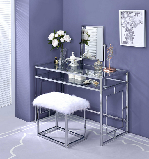 Carenze II White Faux Fur & Chrome Vanity Set - Olympia Furniture (Saint George, Utah)