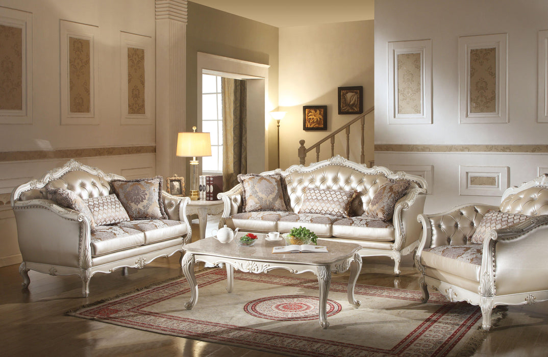 Chantelle Rose Gold PU/Fabric & Pearl White Sofa w/3 Pillows - Olympia Furniture (Saint George, Utah)