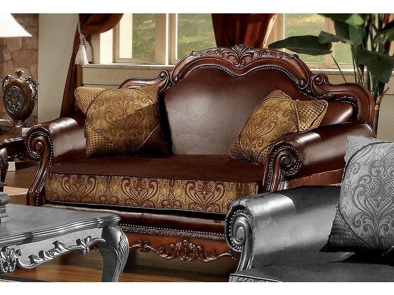 Dresden Brown PU & Chenille, Cherry Oak Loveseat w/2 Pillows - Olympia Furniture (Saint George, Utah)