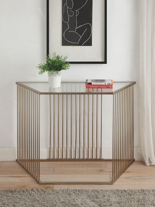Oaklie Champagne & Clear Glass Sofa Table - Olympia Furniture (Saint George, Utah)