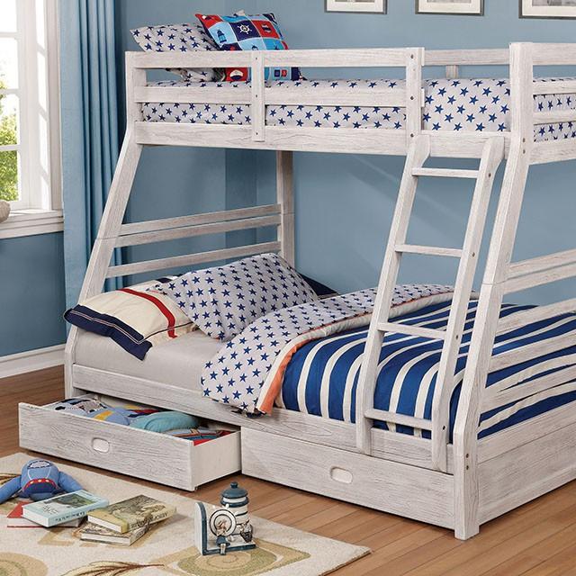 California III Wire-Brushed White Twin/Full Bunk Bed w/ 2 Drawers - Olympia Furniture (Saint George, Utah)